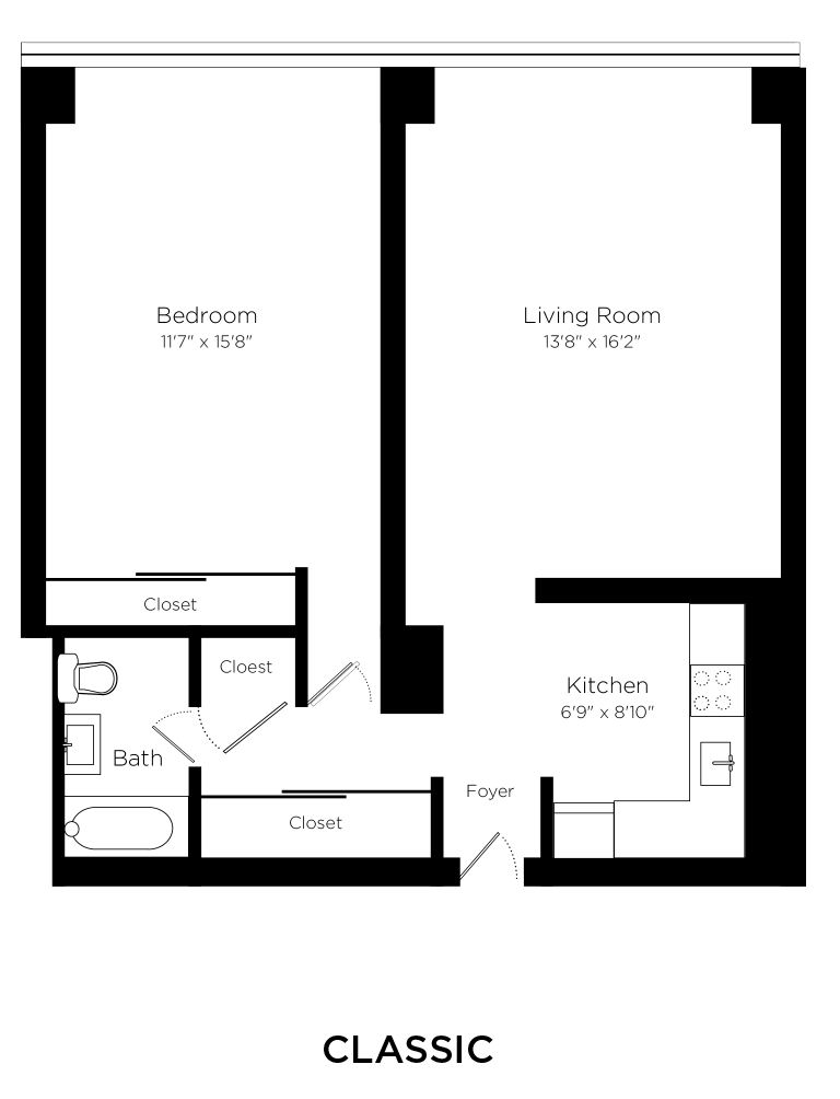 Floor plan for 1 bed, 1 bath, 620 sqft